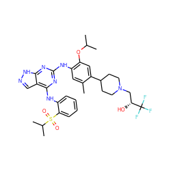 Cc1cc(Nc2nc(Nc3ccccc3S(=O)(=O)C(C)C)c3cn[nH]c3n2)c(OC(C)C)cc1C1CCN(C[C@@H](O)C(F)(F)F)CC1 ZINC000096177903