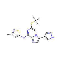 Cc1cc(Nc2nc(SC(C)(C)C)cn3c(-c4cn[nH]c4)cnc23)sn1 ZINC000072110997