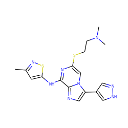 Cc1cc(Nc2nc(SCCN(C)C)cn3c(-c4cn[nH]c4)cnc23)sn1 ZINC000072110237