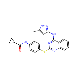 Cc1cc(Nc2nc(Sc3ccc(NC(=O)C4CC4)cc3)nc3ccccc23)n[nH]1 ZINC000034390626