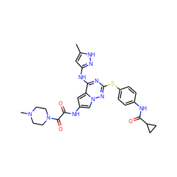 Cc1cc(Nc2nc(Sc3ccc(NC(=O)C4CC4)cc3)nn3cc(NC(=O)C(=O)N4CCN(C)CC4)cc23)n[nH]1 ZINC000072142658