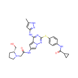 Cc1cc(Nc2nc(Sc3ccc(NC(=O)C4CC4)cc3)nn3cc(NC(=O)CN4CCC[C@@H]4CO)cc23)n[nH]1 ZINC000072180735