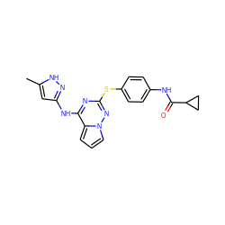 Cc1cc(Nc2nc(Sc3ccc(NC(=O)C4CC4)cc3)nn3cccc23)n[nH]1 ZINC000072178622