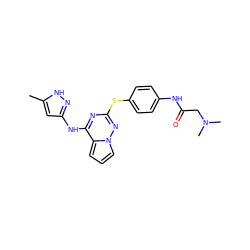 Cc1cc(Nc2nc(Sc3ccc(NC(=O)CN(C)C)cc3)nn3cccc23)n[nH]1 ZINC000072180018