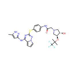 Cc1cc(Nc2nc(Sc3ccc(NC(=O)CN4C[C@H](O)[C@@H](OC(C)(C)C(F)(F)F)C4)cc3)nn3cccc23)n[nH]1 ZINC000072181258