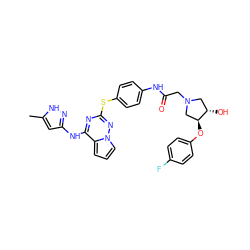 Cc1cc(Nc2nc(Sc3ccc(NC(=O)CN4C[C@H](O)[C@@H](Oc5ccc(F)cc5)C4)cc3)nn3cccc23)n[nH]1 ZINC000072182370