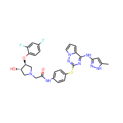 Cc1cc(Nc2nc(Sc3ccc(NC(=O)CN4C[C@H](O)[C@@H](Oc5ccc(F)cc5F)C4)cc3)nn3cccc23)n[nH]1 ZINC000072182075