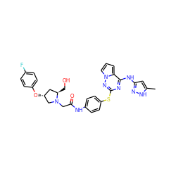 Cc1cc(Nc2nc(Sc3ccc(NC(=O)CN4C[C@H](Oc5ccc(F)cc5)C[C@H]4CO)cc3)nn3cccc23)n[nH]1 ZINC000072178993