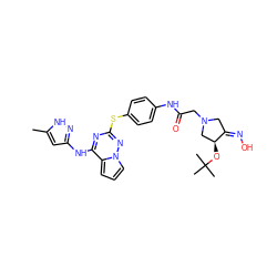 Cc1cc(Nc2nc(Sc3ccc(NC(=O)CN4CC(=NO)[C@@H](OC(C)(C)C)C4)cc3)nn3cccc23)n[nH]1 ZINC000299810743