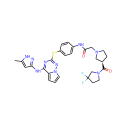 Cc1cc(Nc2nc(Sc3ccc(NC(=O)CN4CC[C@@H](C(=O)N5CCC(F)(F)C5)C4)cc3)nn3cccc23)n[nH]1 ZINC000095556864