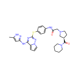 Cc1cc(Nc2nc(Sc3ccc(NC(=O)CN4CC[C@@H](C(=O)N5CCCCC5)C4)cc3)nn3cccc23)n[nH]1 ZINC000095553723