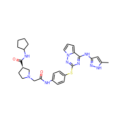 Cc1cc(Nc2nc(Sc3ccc(NC(=O)CN4CC[C@@H](C(=O)NC5CCCC5)C4)cc3)nn3cccc23)n[nH]1 ZINC000095556746