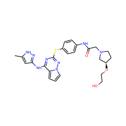 Cc1cc(Nc2nc(Sc3ccc(NC(=O)CN4CC[C@@H](OCCO)C4)cc3)nn3cccc23)n[nH]1 ZINC000095552608