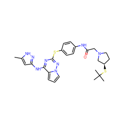 Cc1cc(Nc2nc(Sc3ccc(NC(=O)CN4CC[C@@H](SC(C)(C)C)C4)cc3)nn3cccc23)n[nH]1 ZINC000095553232