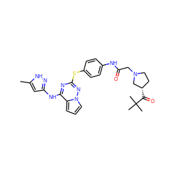 Cc1cc(Nc2nc(Sc3ccc(NC(=O)CN4CC[C@H](C(=O)C(C)(C)C)C4)cc3)nn3cccc23)n[nH]1 ZINC000095552420