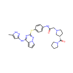 Cc1cc(Nc2nc(Sc3ccc(NC(=O)CN4CC[C@H](C(=O)N5CCCC5)C4)cc3)nn3cccc23)n[nH]1 ZINC000095553254