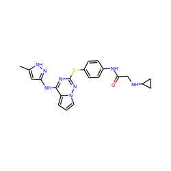 Cc1cc(Nc2nc(Sc3ccc(NC(=O)CNC4CC4)cc3)nn3cccc23)n[nH]1 ZINC000072179180