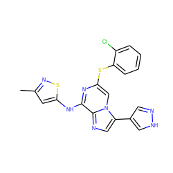 Cc1cc(Nc2nc(Sc3ccccc3Cl)cn3c(-c4cn[nH]c4)cnc23)sn1 ZINC000072124388