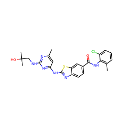 Cc1cc(Nc2nc3ccc(C(=O)Nc4c(C)cccc4Cl)cc3s2)nc(NCC(C)(C)O)n1 ZINC000013536668