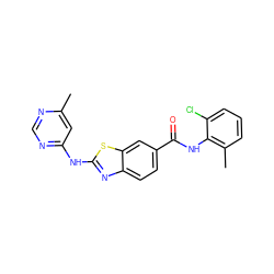 Cc1cc(Nc2nc3ccc(C(=O)Nc4c(C)cccc4Cl)cc3s2)ncn1 ZINC000013536623