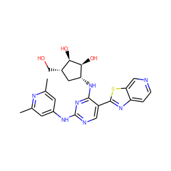 Cc1cc(Nc2ncc(-c3nc4ccncc4s3)c(N[C@@H]3C[C@H](CO)[C@@H](O)[C@H]3O)n2)cc(C)n1 ZINC000205772984