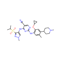 Cc1cc(Nc2ncc(C#N)c(Nc3cn(C)nc3S(=O)(=O)C(C)C)n2)c(OC2CC2)cc1C1CCN(C)CC1 ZINC000653746556