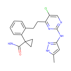 Cc1cc(Nc2ncc(Cl)c(CCc3ccccc3C3(C(N)=O)CC3)n2)n[nH]1 ZINC000211099225