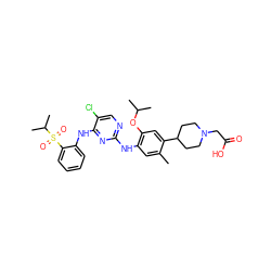 Cc1cc(Nc2ncc(Cl)c(Nc3ccccc3S(=O)(=O)C(C)C)n2)c(OC(C)C)cc1C1CCN(CC(=O)O)CC1 ZINC000096272789