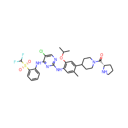 Cc1cc(Nc2ncc(Cl)c(Nc3ccccc3S(=O)(=O)C(F)F)n2)c(OC(C)C)cc1C1CCN(C(=O)[C@@H]2CCCN2)CC1 ZINC000096177890