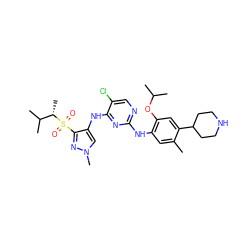 Cc1cc(Nc2ncc(Cl)c(Nc3cn(C)nc3S(=O)(=O)[C@@H](C)C(C)C)n2)c(OC(C)C)cc1C1CCNCC1 ZINC000653745093