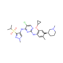 Cc1cc(Nc2ncc(Cl)c(Nc3cn(C)nc3S(=O)(=O)C(C)C)n2)c(OC2CC2)cc1[C@@H]1CCCN(C)C1 ZINC000473096620