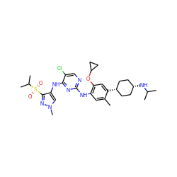 Cc1cc(Nc2ncc(Cl)c(Nc3cn(C)nc3S(=O)(=O)C(C)C)n2)c(OC2CC2)cc1[C@H]1CC[C@@H](NC(C)C)CC1 ZINC000653740749