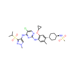 Cc1cc(Nc2ncc(Cl)c(Nc3cn(C)nc3S(=O)(=O)C(C)C)n2)c(OC2CC2)cc1[C@H]1CC[C@H](NS(C)(=O)=O)CC1 ZINC000653737746