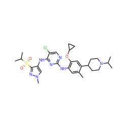 Cc1cc(Nc2ncc(Cl)c(Nc3cn(C)nc3S(=O)(=O)C(C)C)n2)c(OC2CC2)cc1C1CCN(C(C)C)CC1 ZINC000473091992