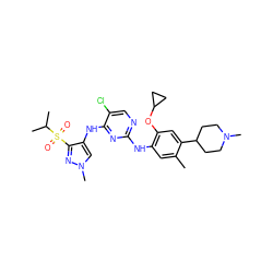 Cc1cc(Nc2ncc(Cl)c(Nc3cn(C)nc3S(=O)(=O)C(C)C)n2)c(OC2CC2)cc1C1CCN(C)CC1 ZINC000473088034