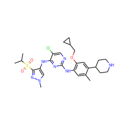 Cc1cc(Nc2ncc(Cl)c(Nc3cn(C)nc3S(=O)(=O)C(C)C)n2)c(OCC2CC2)cc1C1CCNCC1 ZINC000473092233