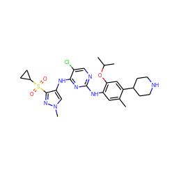 Cc1cc(Nc2ncc(Cl)c(Nc3cn(C)nc3S(=O)(=O)C3CC3)n2)c(OC(C)C)cc1C1CCNCC1 ZINC000653735425