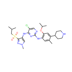 Cc1cc(Nc2ncc(Cl)c(Nc3cn(C)nc3S(=O)(=O)CC(C)C)n2)c(OC(C)C)cc1C1CCNCC1 ZINC000653740644