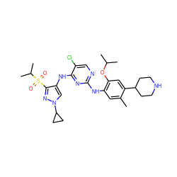 Cc1cc(Nc2ncc(Cl)c(Nc3cn(C4CC4)nc3S(=O)(=O)C(C)C)n2)c(OC(C)C)cc1C1CCNCC1 ZINC000653732522