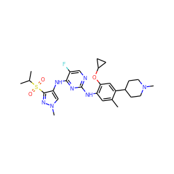 Cc1cc(Nc2ncc(F)c(Nc3cn(C)nc3S(=O)(=O)C(C)C)n2)c(OC2CC2)cc1C1CCN(C)CC1 ZINC000653729313