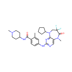 Cc1cc(Nc2ncc3c(n2)N(C2CCCC2)CC(F)(F)C(=O)N3C)ccc1C(=O)NC1CCN(C)CC1 ZINC000096271644