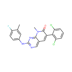 Cc1cc(Nc2ncc3cc(-c4c(Cl)cccc4Cl)c(=O)n(C)c3n2)ccc1F ZINC000000602675