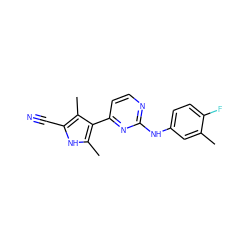 Cc1cc(Nc2nccc(-c3c(C)[nH]c(C#N)c3C)n2)ccc1F ZINC000014945953