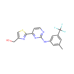 Cc1cc(Nc2nccc(-c3nc(CO)cs3)n2)cc(C(F)(F)F)c1 ZINC000040938833