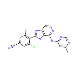 Cc1cc(Nc2nccc3nc(-c4c(Cl)cc(C#N)cc4Cl)[nH]c23)ncn1 ZINC000118750605