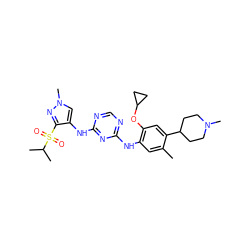 Cc1cc(Nc2ncnc(Nc3cn(C)nc3S(=O)(=O)C(C)C)n2)c(OC2CC2)cc1C1CCN(C)CC1 ZINC000653746707