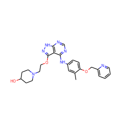 Cc1cc(Nc2ncnc3[nH]nc(OCCN4CCC(O)CC4)c23)ccc1OCc1ccccn1 ZINC000029128918