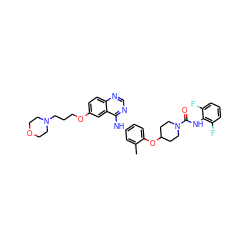 Cc1cc(Nc2ncnc3ccc(OCCCN4CCOCC4)cc23)ccc1OC1CCN(C(=O)Nc2c(F)cccc2F)CC1 ZINC000028706392