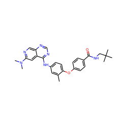 Cc1cc(Nc2ncnc3cnc(N(C)C)cc23)ccc1Oc1ccc(C(=O)NCC(C)(C)C)cc1 ZINC000028706422