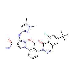 Cc1cc(Nc2nn(-c3cccc(-n4ncc5cc(C(C)(C)C)cc(F)c5c4=O)c3CO)cc2C(N)=O)nn1C ZINC000143470216